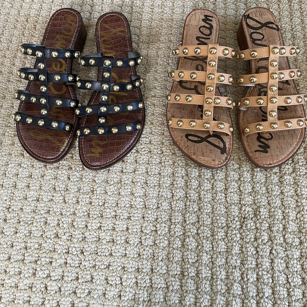Select either black or tan sandal with gold studs